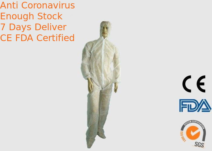 Front Zipper Closure Hooded Breathable Disposable Coveralls White Color